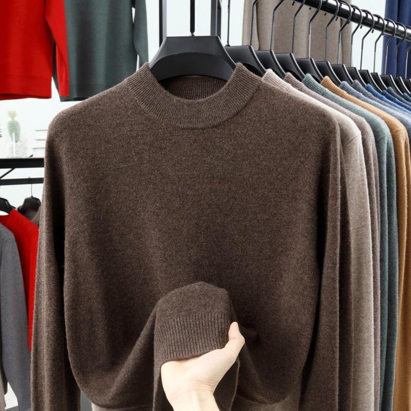 Men's Wool Sweater 100 Pure Men's Autumn and Winter Sweater, Semi High Neck, High-end Feeling, Casual Base Knit Sweater