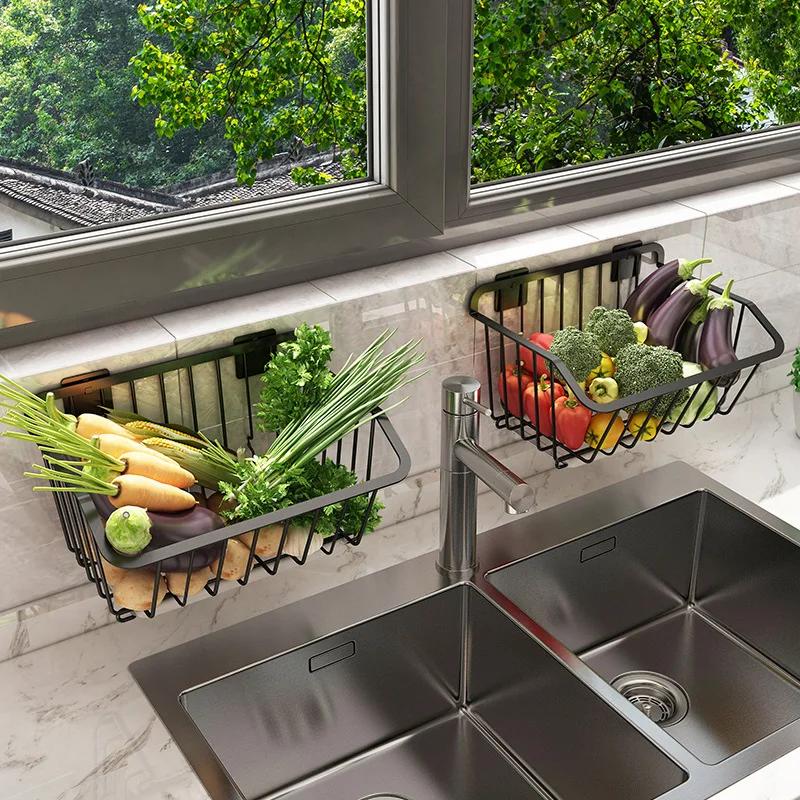 Silver Stainless Steel Kitchen Wall Hanging Storage Basket Spice Rack Fruit Vegetables Drainer Organizer Dish Tools Drying Shelf
