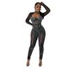 Fashion Women's Solid Colour Mesh Drill Long Sleeve Long Pants Jumpsuit