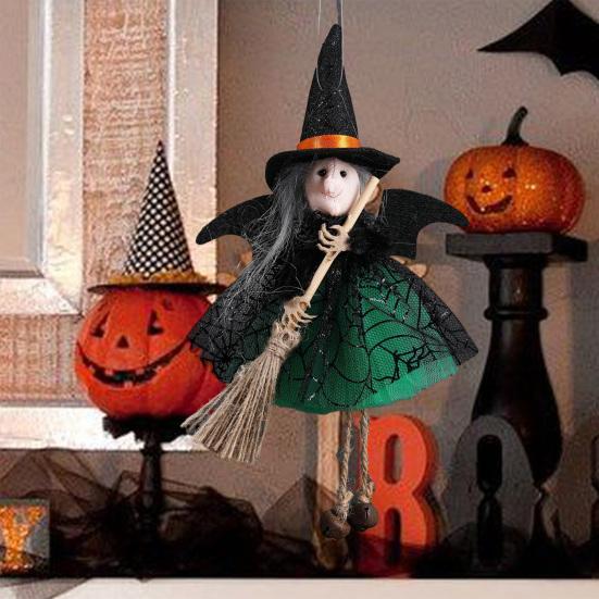 Halloween Witch Decoration Soft Cloth Gauze Skirt Mini Broom Witch Stuffed Doll Hanging Ornament Festival