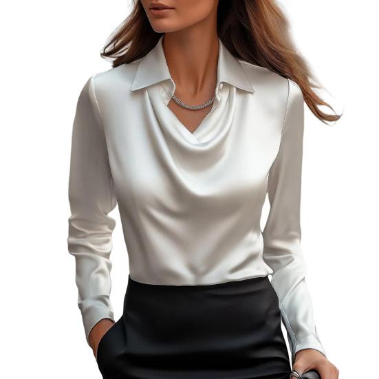 Women Shirt Lapel Swing Collar Long Sleeve Casual Loose Fit Shirt Solid Color Versatile Smooth Satin Shirt Daily Wear
