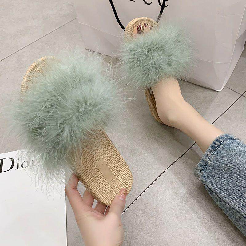 Pantofle Ploché Dámské Pantofle Huňaté Sandály Guma Léto Off White Boty pro Ženy 2024 Chlupaté Nadýchané Juniorské Nová Móda Jedinečné 39