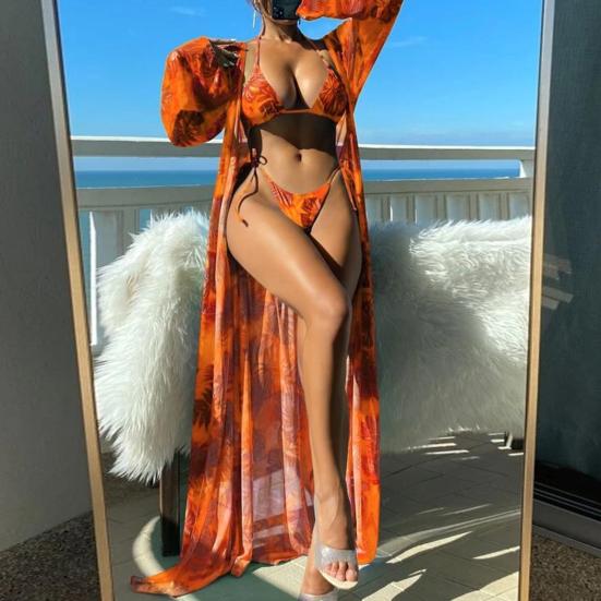 3ks/sada Sexy dámské bikini set s potiskem krycího listu Ohlávka podprsenka šněrovací kalhotky s vysokým pasem opalovací krém s dlouhým rukávem, svetřík, plavky