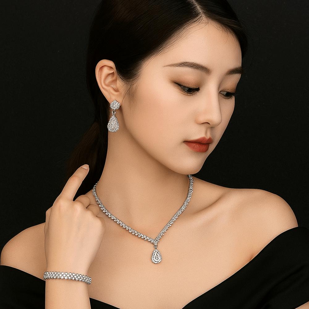Luxury Bridal Jewelry Set Elegant Rhinestone Bracelet Necklace Earring Set Dress Accessories
