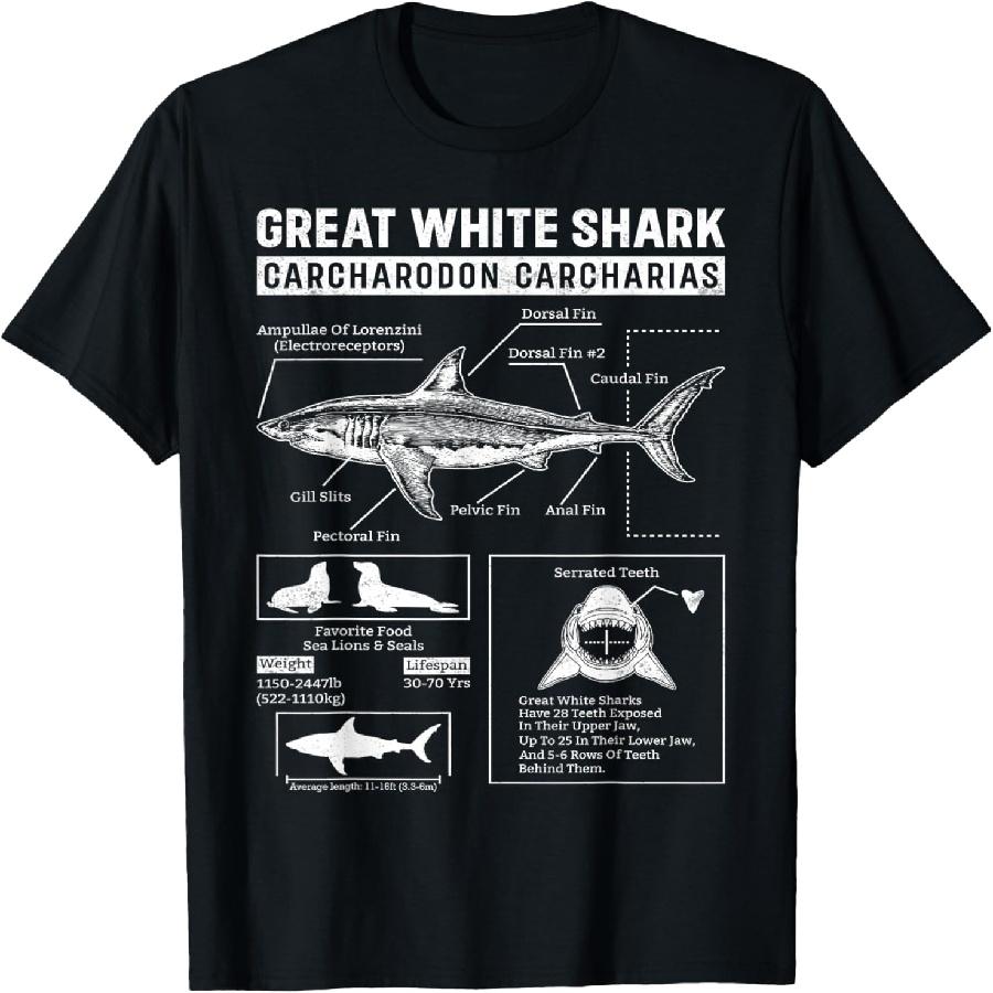 Vintage Storvit Haj Anatomiälskare Marinbiolog T-shirt