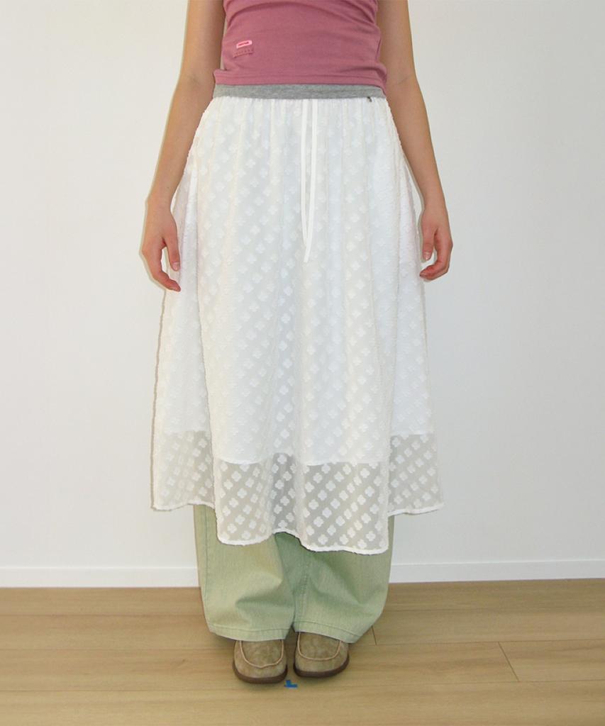 Ronron Sheer Pattern String Long Skirt Clover White