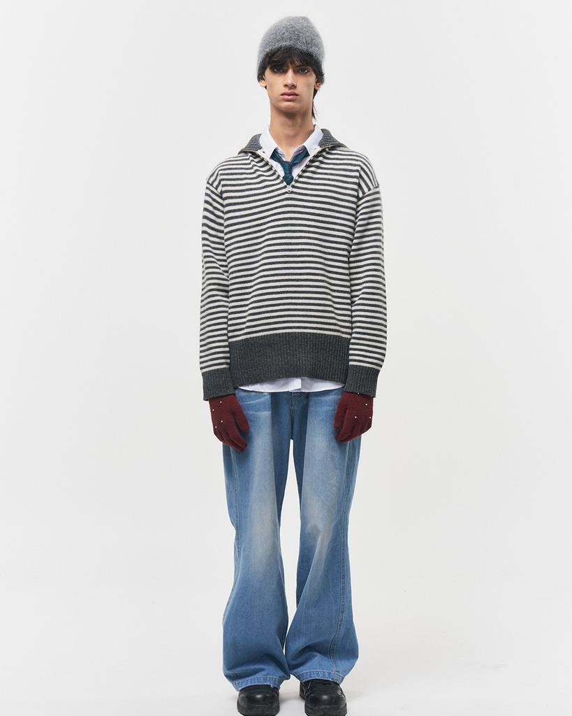Beullusseonpeullawo Merino Wool Striped Half Knit Zip-Up - Gray