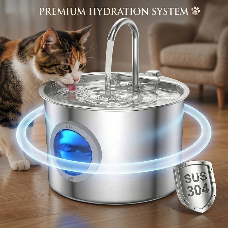 2.2L Stainless Steel Cat Water Fountain, 304 Steel, Quiet USB Pump, Large Window, Hair Filter, Easy Clean
