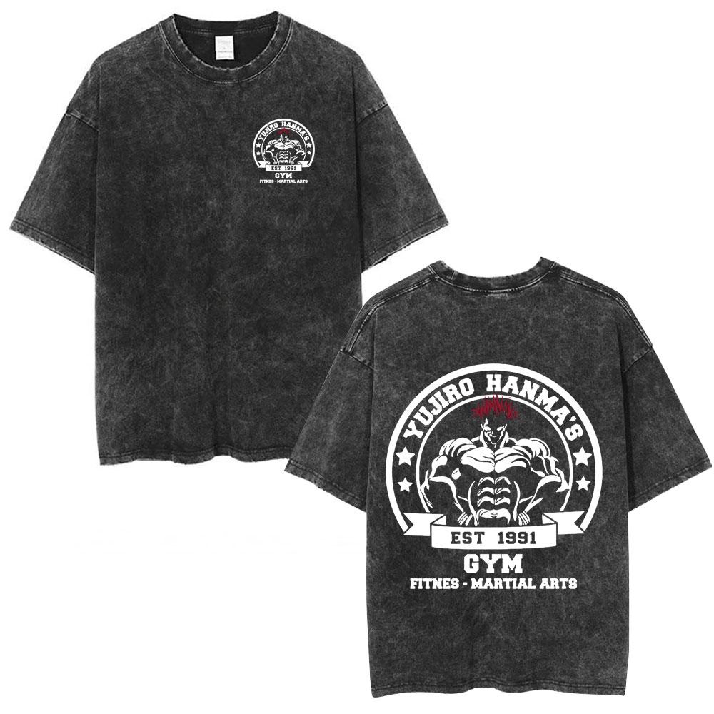 Anime Baki The Grappler Washed Tshirt Hanma Yujiro Gym Short Sleeve Tshirts Men Oversized Cotton Casual Tee Shirts Streetwear