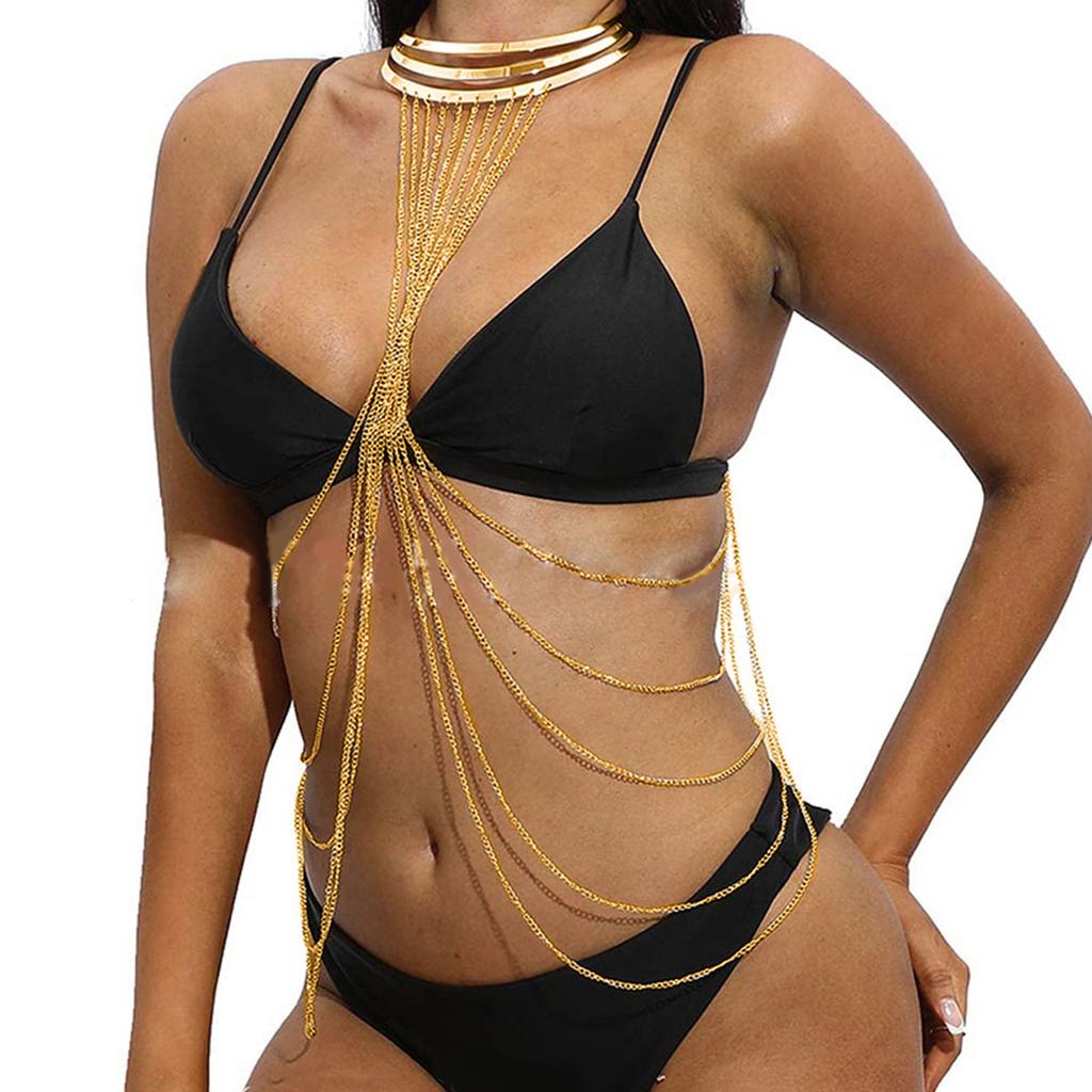 Sexy vrstvený náhrdelník Luxusní náhrdelník Vintage střapce Límec Šperky Elegantní křížený řetízek přes rameno Řetízek na tělo