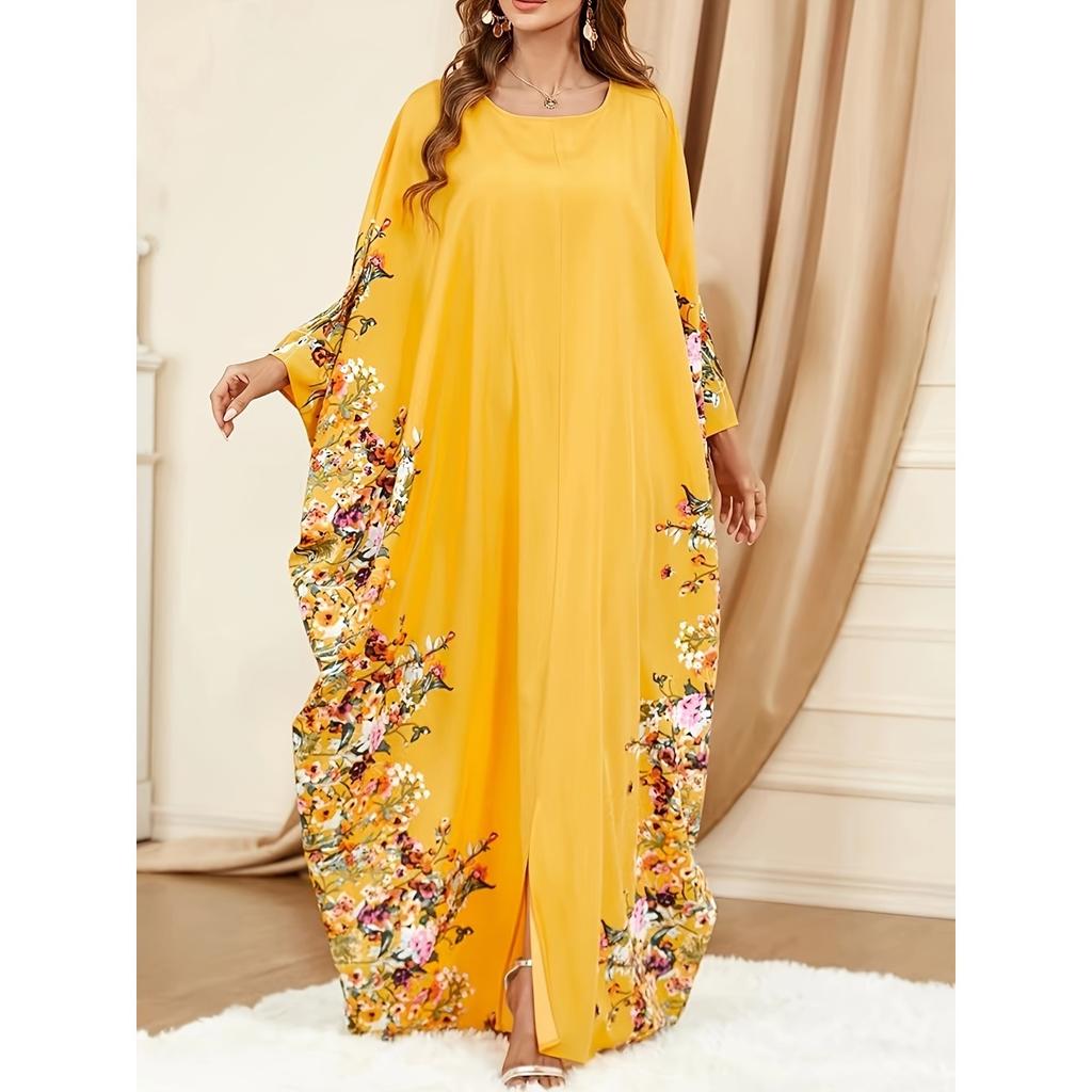Ramadan Floral Print Crew Neck Kaftan, Elegant Batwing Sleeve Split Maxi Dress, Women's Clothing EMA