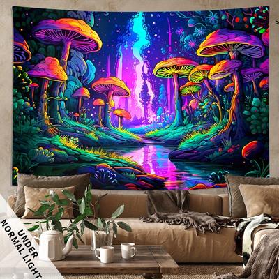 Mysterious Mushroom Forest Plants Fluorescent Blacklight Tapestry Wall Tapestry Monster Tapestry Wall Hanging for Bedroom, Living Room