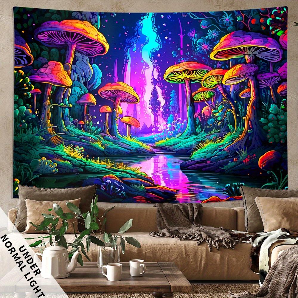 Geheimnisvolle Pilze, Waldpflanzen, fluoreszierender Schwarzlicht-Wandteppich, Monster-Wandteppich, Wandbehang für Schlafzimmer, Wohnzimmer