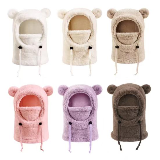 Kids Ski Hat Solid Color Bear Ear Decor 3-in-1 Face Guard Scarf Headgear Cold Weather Windproof Fleece Headgear with Adjustable Cords