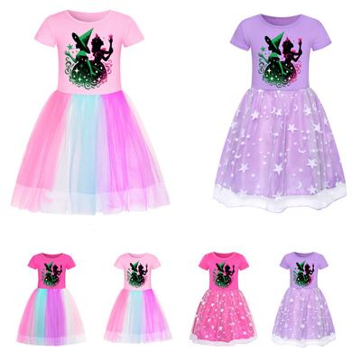 Kids Girls Witch Glinda Print Mesh Rainbow Round Neck Short Sleeves Casual Cotton Dress