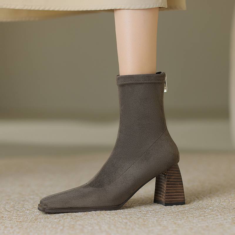 Krazing Pot Flock Winter Square Toe Grosso Salto Alto Zíper Stretch Botas Stovepipe Mulheres Botas de Cano Baixo