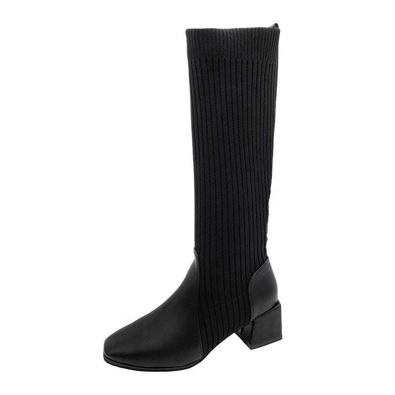 Retro 5cm Square Heel Middle Heels Knitted Elastic Long Boots Women Knee High Sock Boots Fashion Square Toe Patchwork Women Shoe