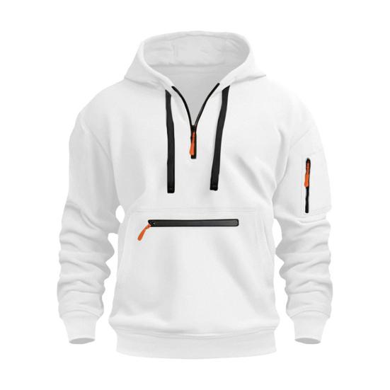 Fall Winter Men Hoodie Zipper Decor Loose Elastic Cuff Drawstring Warm Pullover Mid Length Hip Hop Solid Color Top for Sport Daily Wear