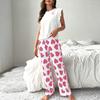 Women's Satin Pajamas Set Ruffle Trim Tank Top And Wide Leg Pants Set Casual 2 Piece Homewear Lounge Set