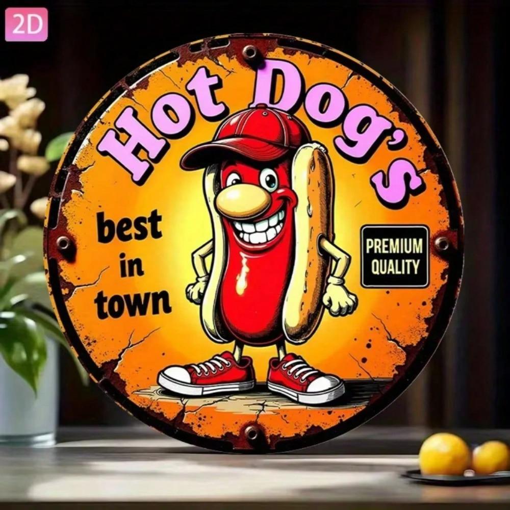 Vintage Hot Dog Cartoon Tin Sign 20x20cm 2D Flat Aluminum Wall Art Kitchen Bar Garden Garage Outdoor Decor