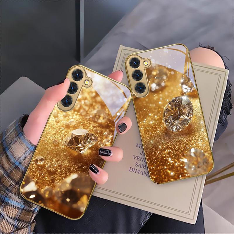 Brilliant Gold Diamonds For Samsung Galaxy S20 FE S21 S22 S23 Plus S24 Ultra S25Ultra S21+ S9+ S22Plus Golden Glass Phone Case