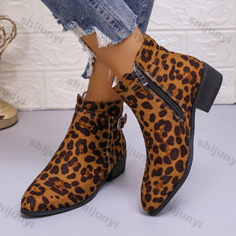 Fashion Women Pointy Buckle Ankle Boots Autumn Comfortable Low Heeled Short Boots Woman Fashion Suede Leopard Chunky Heel Chelsea Boot