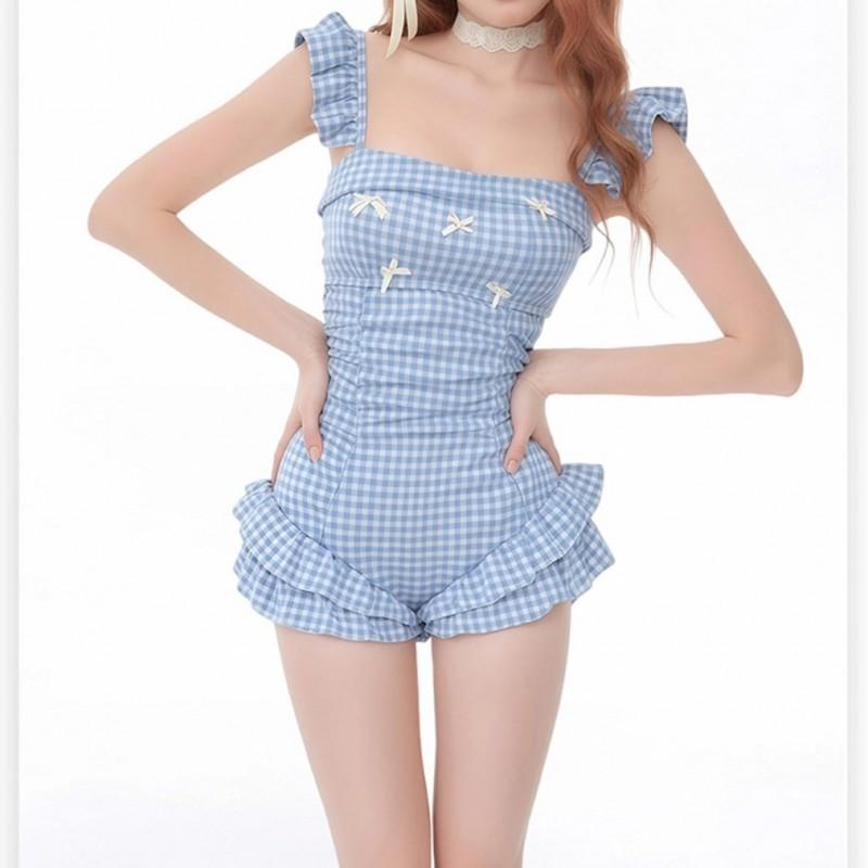 Sweet Blue Plaid One-Piece Swimsuit Women With Ruffle Trim Padded Bust High Elasticity Quick Dry