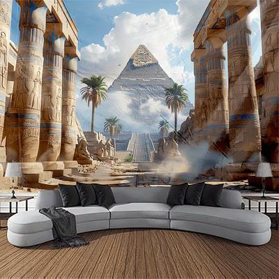 2D Retro Egyptská tapiserie, Závěsná dekorace na zeď s pyramidou a hieroglyfy do obývacího pokoje