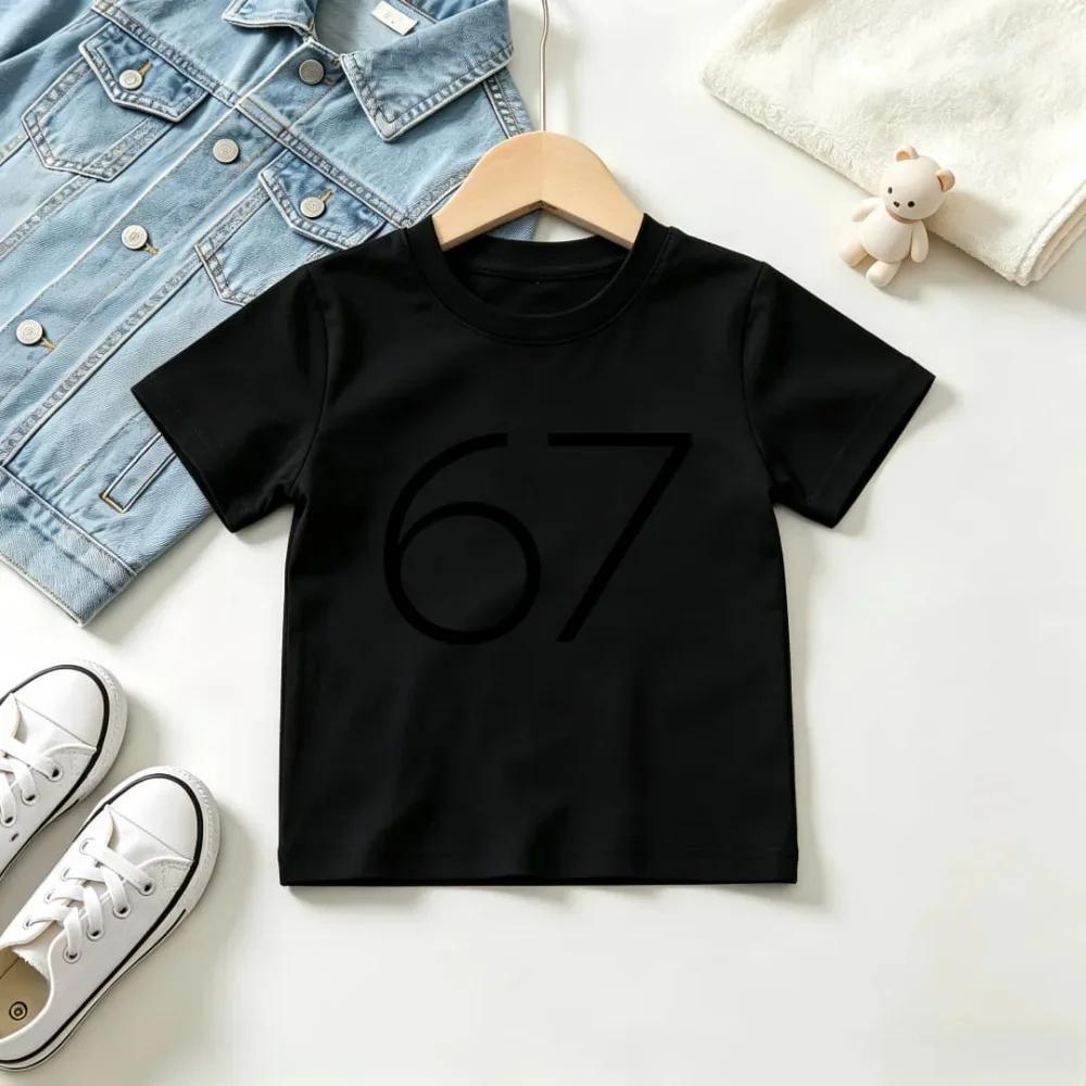 Kids Black Short Sleeve T Shirt Minimalist Thin Line Number 67 Graphic Print Crew Neck Boys Girls Simple Casual Summer Tee