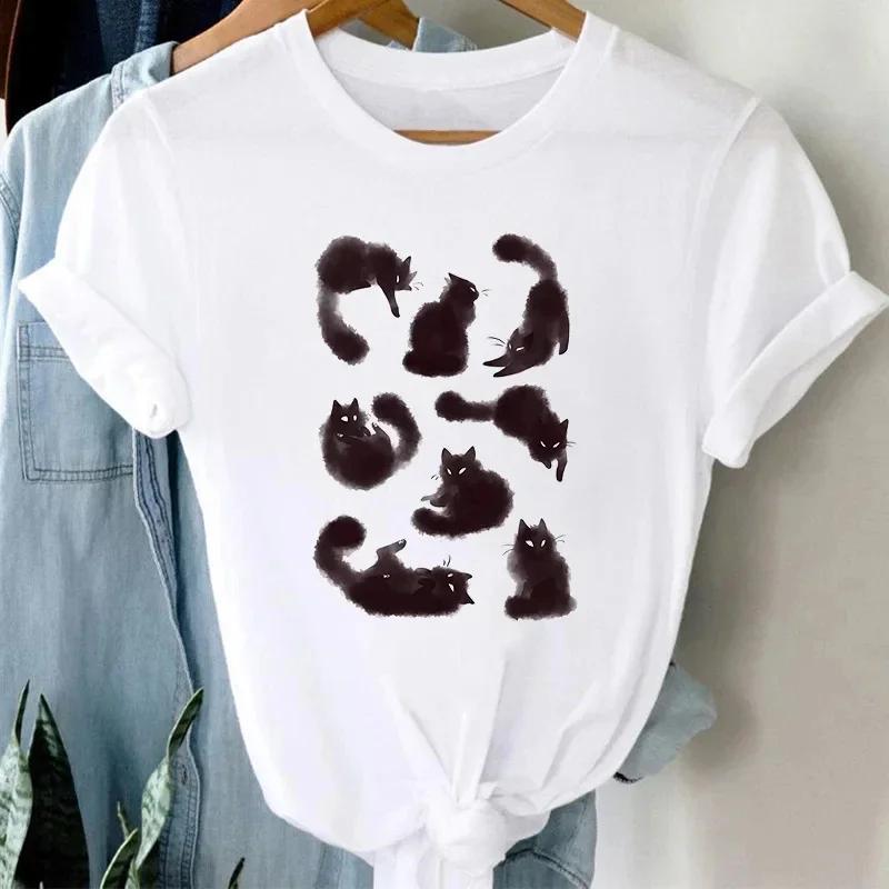 Summer Cute Cat Pattern Printed Tshirt with Breathable Micro Elastic Fashion Short Sleeved White Minimalist Versatile Top