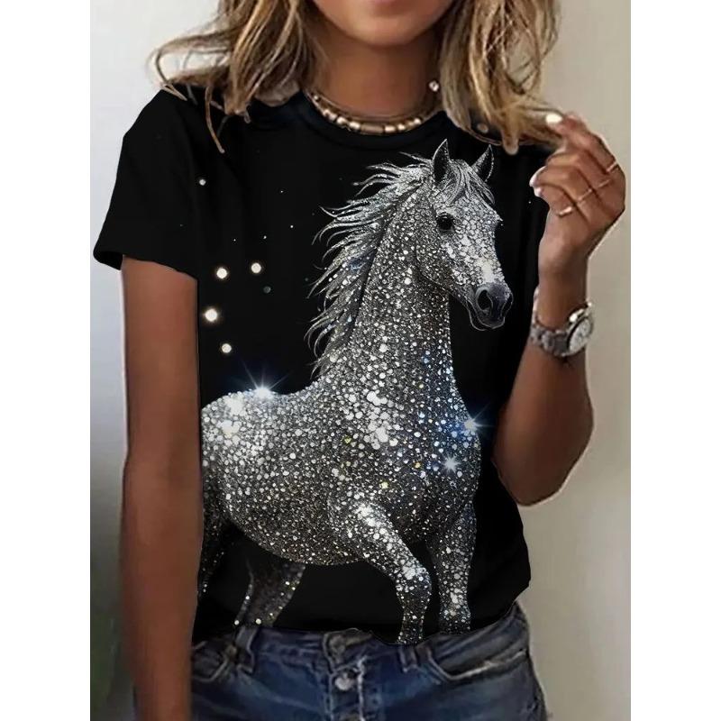 Fashion Animal Horse Print Short Sleeve Crew Neck Top Casual Loose T-Shirts Women’s