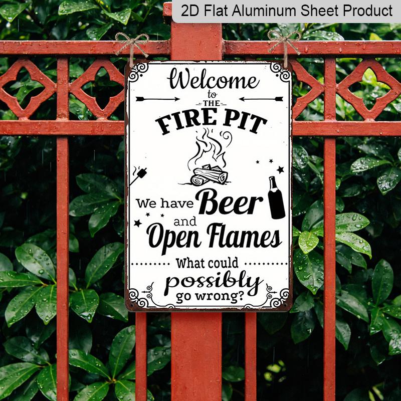 2D Flach, "Willkommen am Lagerfeuer" Vintage Metallschild - Humorvolle Rustikale Aluminium Wandkunst für Außen Camping, Terrasse & Hinterhof Dekor, 8x12 Zoll