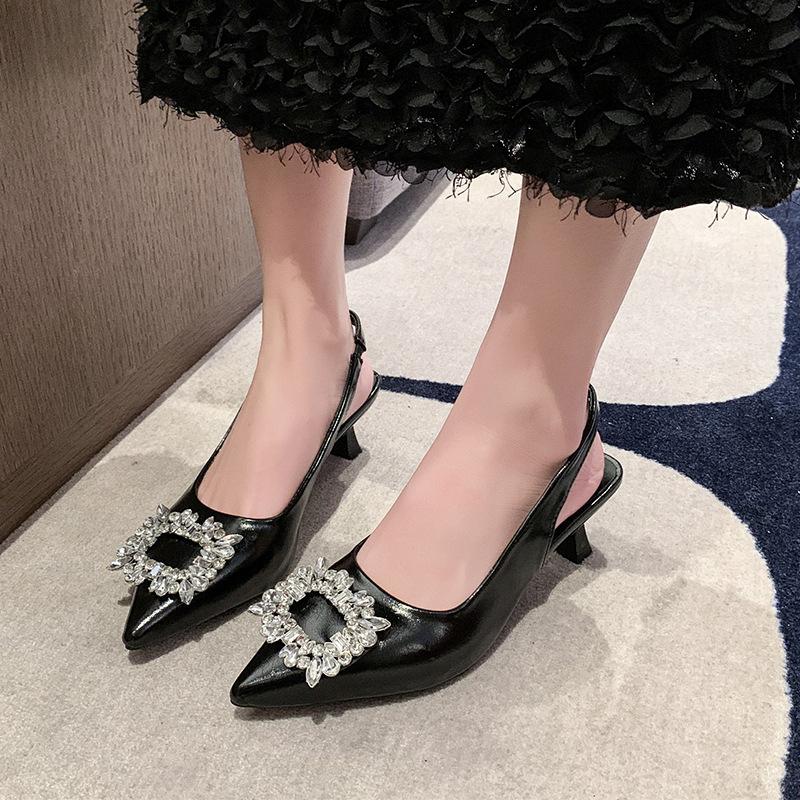 Spetsiga sandaler för kvinnor Eleganta slingback-sandaler Sexiga bröllopsbankett Bekväma kristall Damhögklackar Zapatos De Mujer