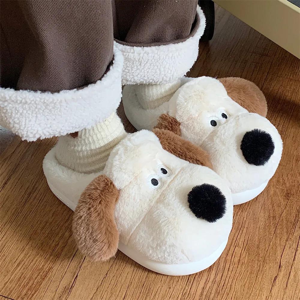 Cute Dog Short Plush Slippers for Women Winter New Home Thick Sole Furry Cotton Slippers Home Indoor Warm Non-slip Cozy Slippers