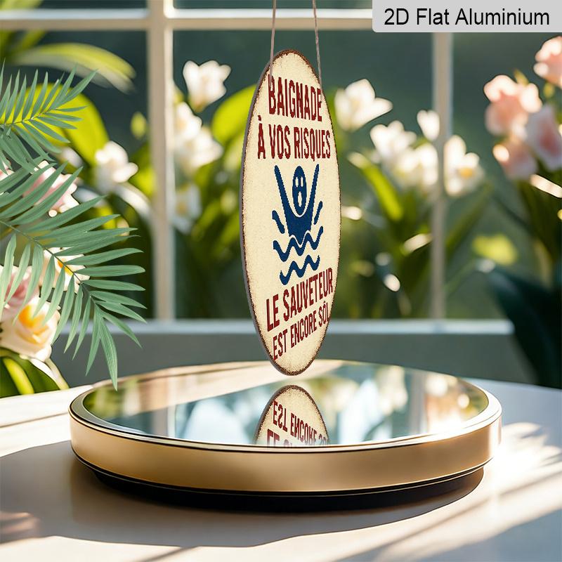2D Flach, 1 Stück Runde Französische Aluminiumschild - "Schwimmsicherheit" Retro Dekorative Plakette mit "Baignade a Vos Risques" Text, & Design für Badezimmer, Pool