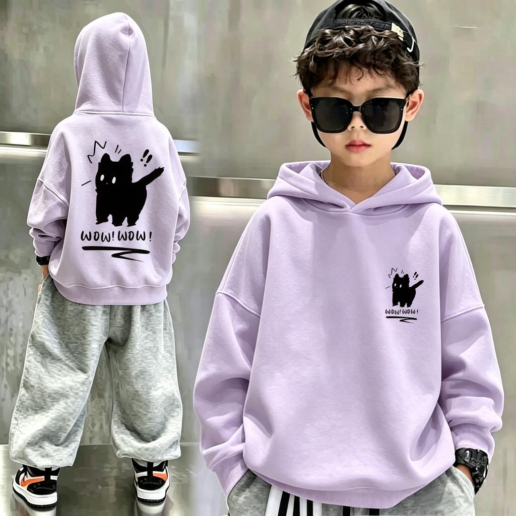 Cute Cartoon Wow Black Cat Front & Back Graphic Kids Hoodie Loose Oversized Pullover Boys Girls Streetwear Sweatshirt