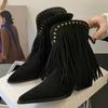 Eilyken Winter Design Nieten Quasten Spitzzehen Damen Stiefeletten Blockabsätze Vintage Party Damenschuhe Botas Mujer