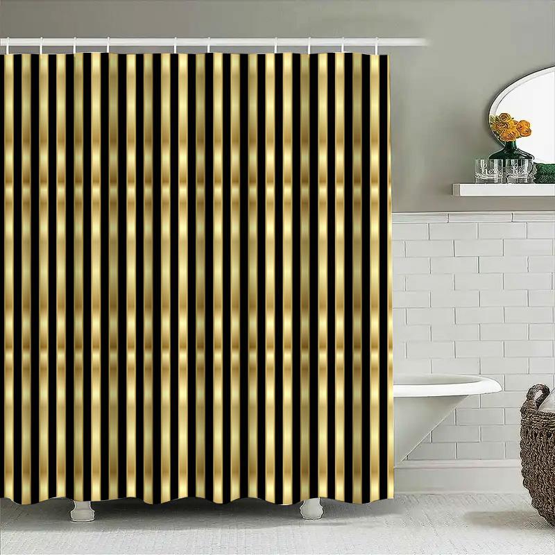 Black Gold Shower Curtain Modern Stripe Design For Bathroom Decor 72 X 84, Luxury Golden Water Repellent Waterproof Fabric Showe