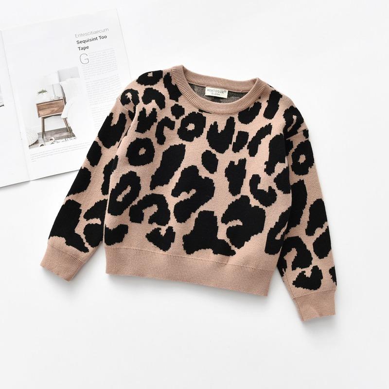 Kinderbekleidung Kinderpullover Pullover Langarmoberteil Rundhalsausschnitt Leopardenmuster Kinderpullover