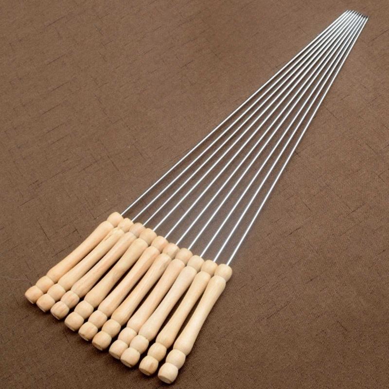 10Pcs 38cm Round BBQ Skewers With Wood Handle Stainless Steel BBQ Needle With Tip Cover Metal Barbecue Sticks For Camping