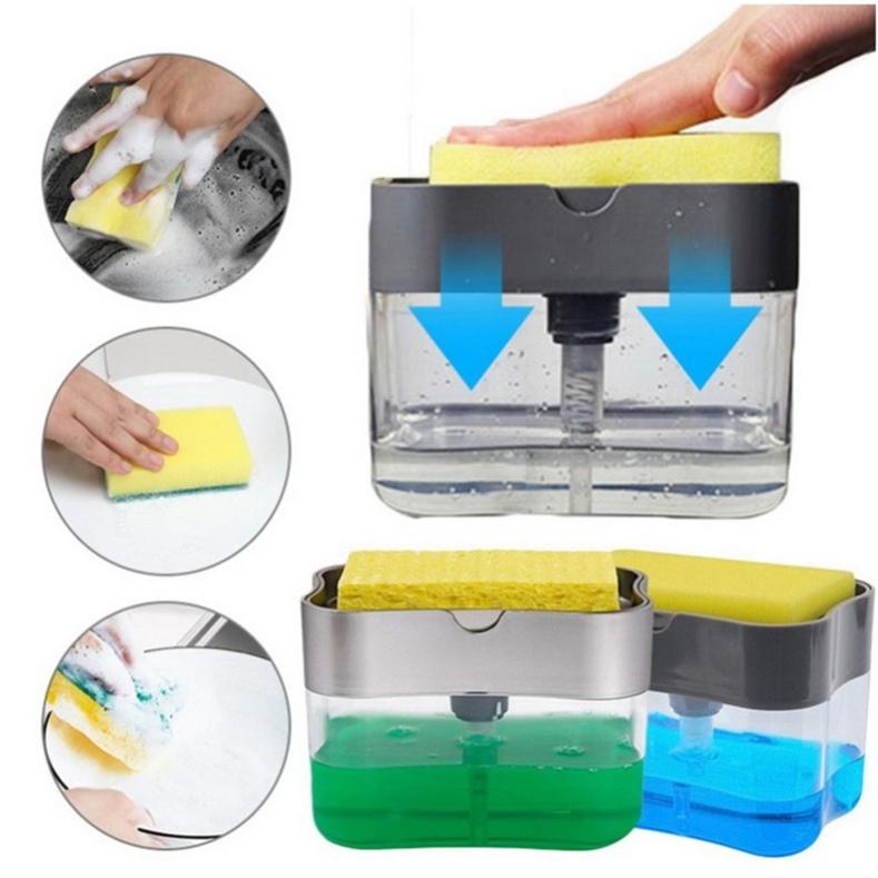 Kitchen and Bathroom Double-layer Sponge Box Hand Pressure Soap Dispenser Scouring Pad Dishwashing Brush Soap Box MIT