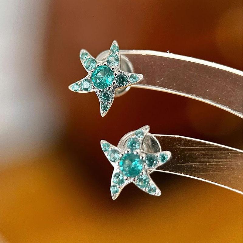 Inspiration Water Lake Blue Full Diamond Starfish Compact Earrings Small Fresh Exquisite earings stud Suitable for Daily Jewelry