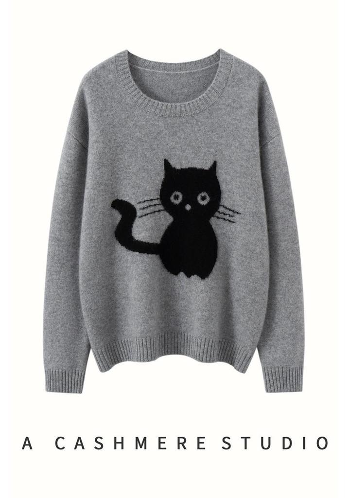 2025 Höst/Vinter Dam Kasmir Kitten Jacquard Långärmad Tröja - Rund Hals