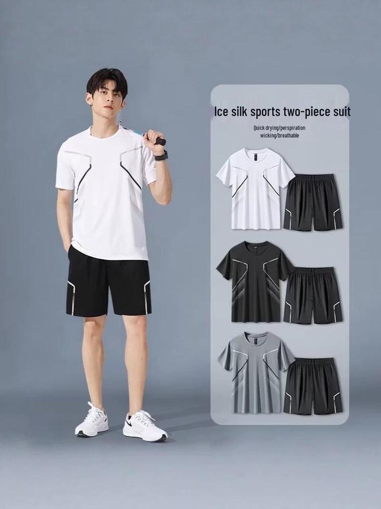 Men's Quick-Dry Ice Silk Sportswear Set: Short-Sleeved Running Top & Basketball Shorts.