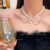 Elegant Double-Layered Bow Pearl Necklace: Chic & Versatile Clavicle Accessory for the Fashionable Socialite