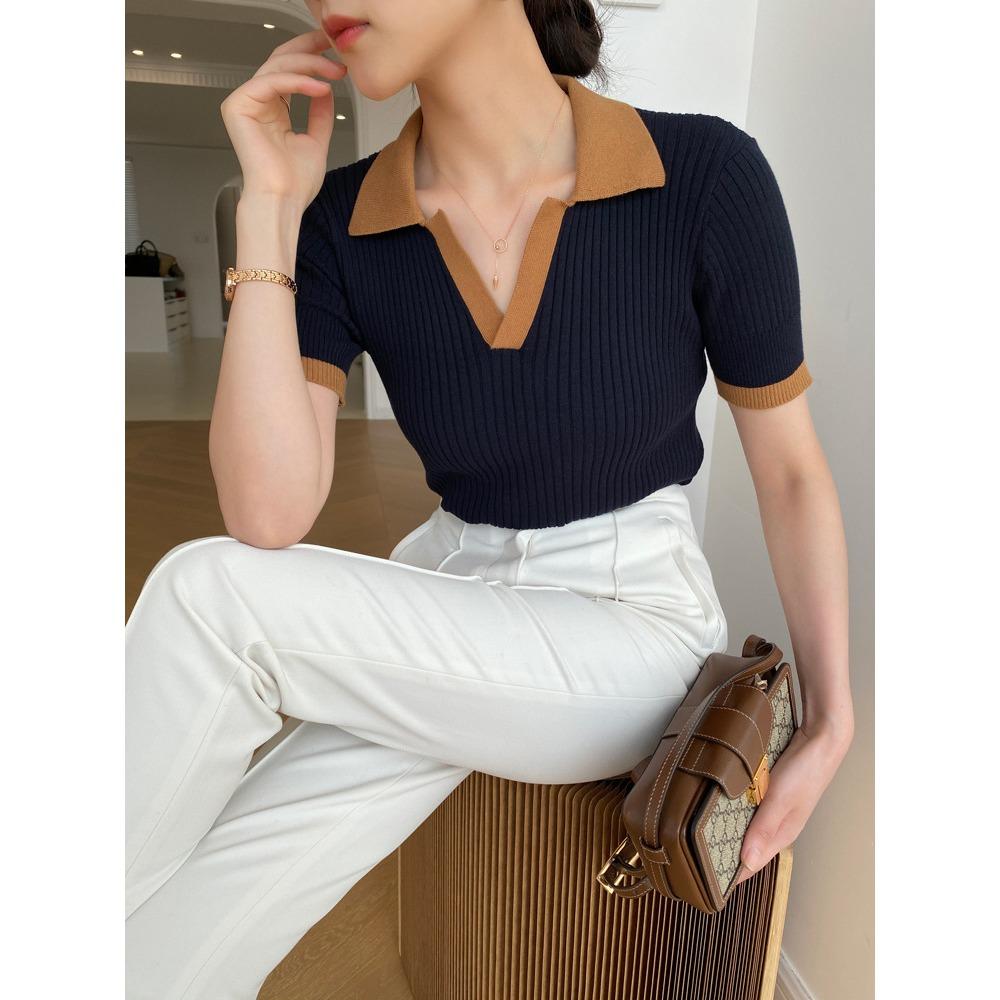 French Polo Collar Contrasting Color Knitted Sweater for Women's Summer Temperament Slim Fit Short Sleeved Thin and Niche T-shirt Top