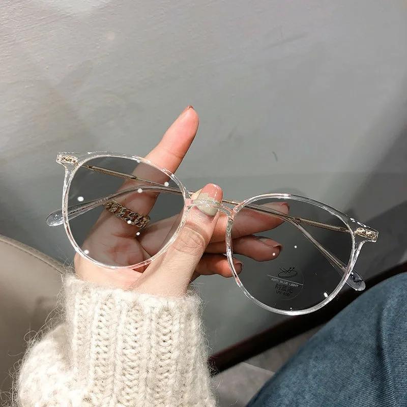 Anti Blue Light Color Changing Myopia Glasses Women Flat Lenses 0-600 Small Circular Frame Resin Sunglasses