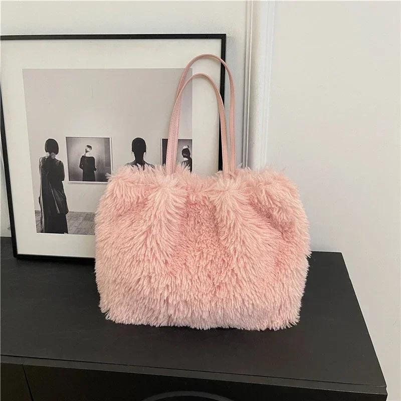 Neue große Kapazität einfarbige Fellhandtasche für Frauen trendige Mode lässig einzelne Schulter feminine Taschen