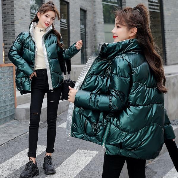 Veste d'hiver en duvet de coton brillant pour femme, courte, ample, épaisse, petite veste en coton