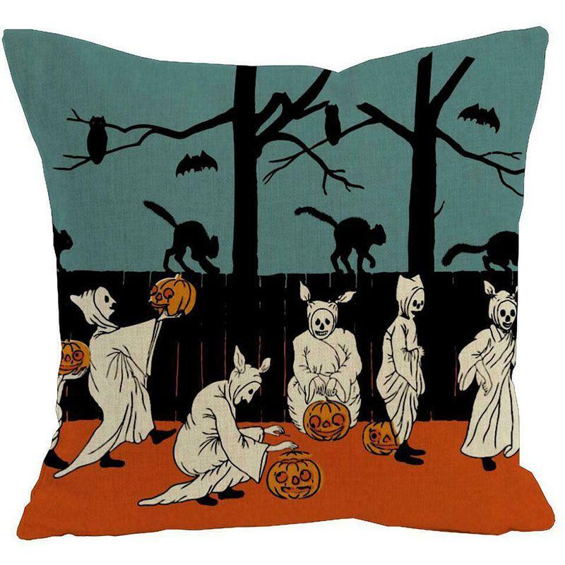 Halloween Witch Castle Linen Throw Pillow Case With Invisible Zipper And Pumpkin Pattern